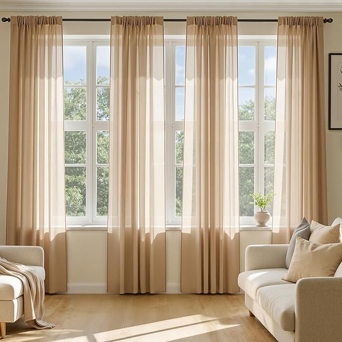 MIULEE Brown Sheer Curtains 63 Inches Long, 4 Panels Set, Rod Pocket Voile Drapes Light Filtering and Semi Transparent, Elegant Window Treatments for Bedroom Living Room,42 x 63 Inches