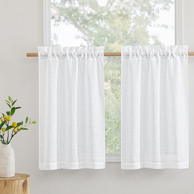 RYB HOME Half Curtains for Windows, Rod Pocket Decorative Thick Linen Burlap Semi Translucent Privacy for Home Office Guest Room Cabinet Laundry Room, W 42 x L 24 inches, White, 2 Panels