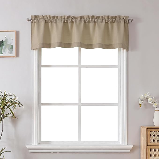 Chyhomenyc Camel Short Curtain Valance for Windows, Faux Linen Textured Half Window Curtains, Burlap Solid Topper Small Curtain Valance for Bathroom Laundry Basement, 60Wx18L Inch, 1 Piece