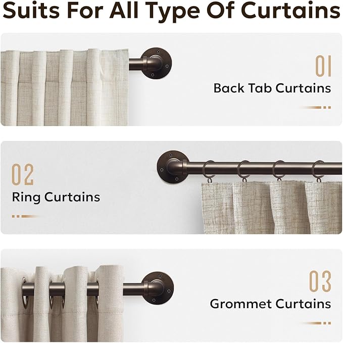 Zeerobee Curtain Rods for Windows 32 to 72, 1 Inch Industrial Wrap Around Antique Bronze Curtain Rod, Indoor/Outdoor Room Divider Adjustable Drapery Pole, 32"-72"