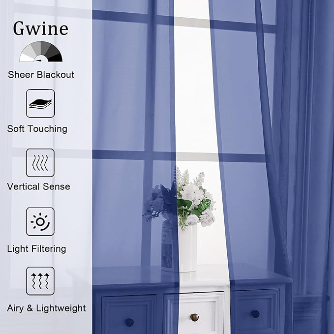 Gwine Royal Blue Sheer Curtains 30 Inch Length, Short Light Filtering Voile Small Cafe Kitchen Curtains with Rod Pocket, Short Curtain for Bathroom Window, 42x30 Inch, 2PCS