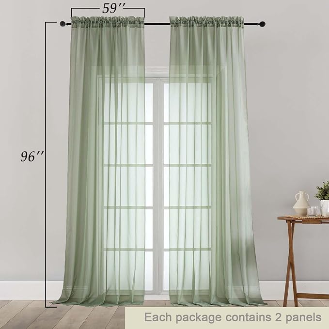 Sage Green Sheer Curtains for Bedroom Living Room 96 Inches Long 2 Panels, Modern Airy Soft Lightweight Rod Pocket Light Filtering Sheer Curtains Drapes, Each 59" Wx96 L Inch