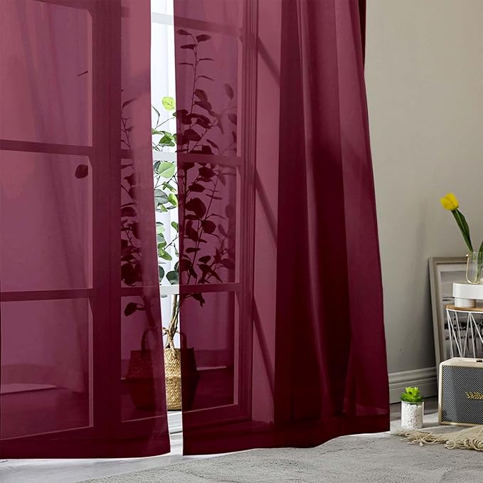 Burgundy Sheer Curtain for Bedroom Living Room 72 Inches Long 2 Panels Set, Solid Soft Airy Light Filtering Sheer Window Curtains, Modern Rod Pocket Door Curtain, Burgundy, 42" Wx72 L Inches