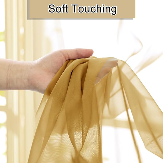 Lecloud Gold Sheer Curtains 54 Inch Length 2 Panels, Light Filtering Voile Curtain Drapes for Bedroom Windows, Dual Rod Pocket Living Room Sheer Curtains, 40 W x 54 L Inches, Gold