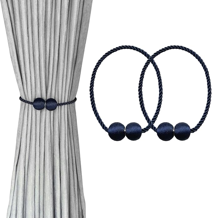 Melaluxe 2 Pack Magnetic Curtain Tiebacks, Decorative Curtain Holdbacks for Window Décor (Navy Blue)