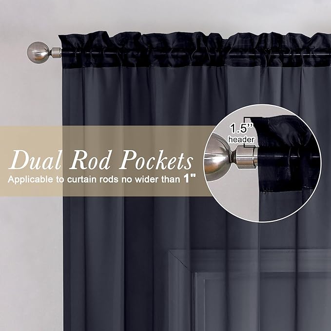 Lecloud Black Sheer Curtains 120 Inches Long 2 Panels, Balance Light & Privacy Voile Window Curtains, Solid Sheer Curtain Drapes for Living Room Balcony Big Windows, 59" W x 120" L