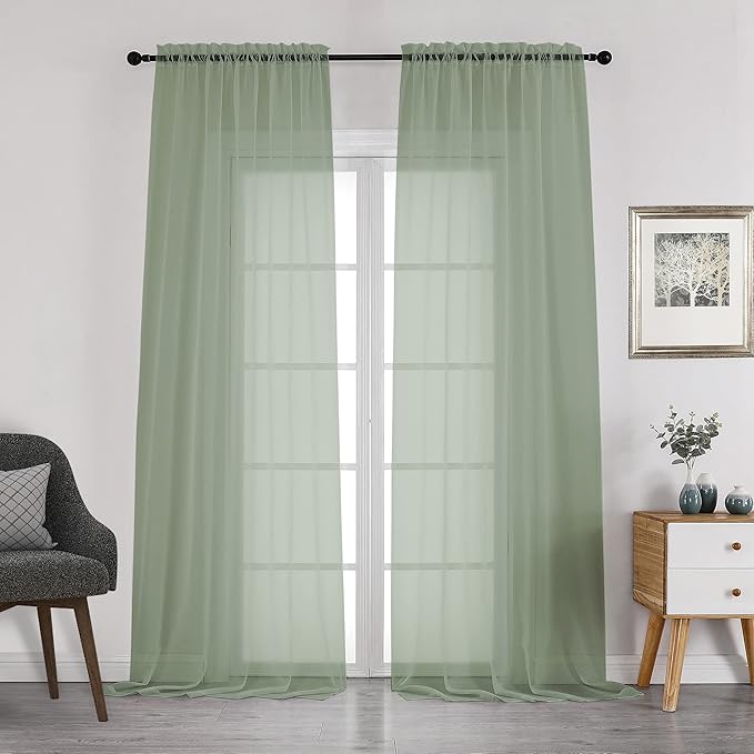 Chyhomenyc Sage Green Sheer Curtains 108 Inches Long - Light Filtering Voile Extra Long Panel Drapes for Floor to Ceiling Window, Elegant Soft Living Room Curtains, Each 42Wx108L Inch, 9FT, 2 Panels
