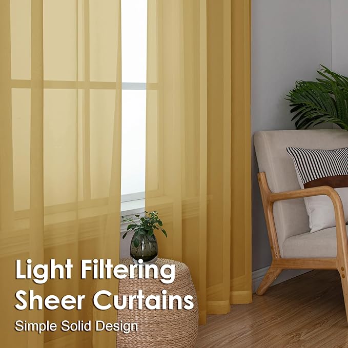 OVZME Gold Sheer Curtains 72 Inches Long 2 Panels - Soft Light Filtering Window Sheer Panels for Living Room/Bedroom, Top Dual Rod Pocket, 1 Pair, Each 42Wx72L Inches