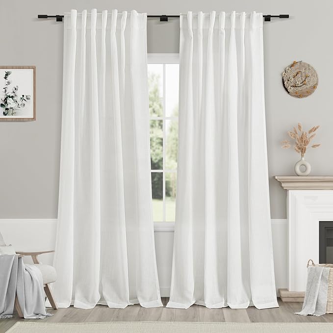 Nanspring White Linen Curtains for Living Room 93 Inches Long Extra Long Back Tab Curtains 2 Panels Set Farmhouse Light Filtering Semi Sheer Linen Drapes Ceiling to Floor for Large Window 52x93