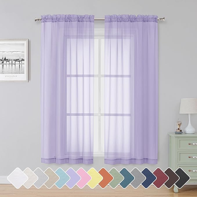 Simplebrand Lavender Sheer Curtains 63 Inch Length 2 Panels, Rod Pocket Solid Color Window Sheer Curtain Panels, Elegant Curtains & Drapes for Living Room, Bedroom 2 Panels (42" W x 63" L)