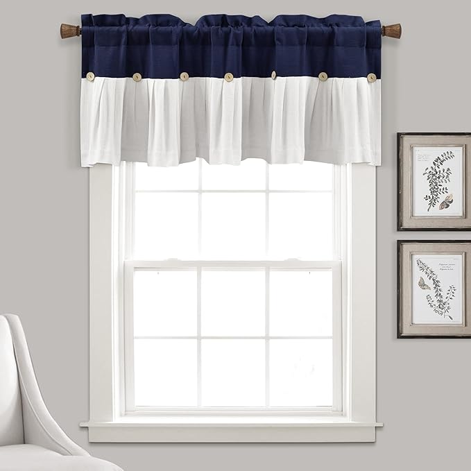 Lush Decor Linen Button Farmhouse Valance Curtians 52"W x 18"L Blue & White - Linen Valances For Windows - Kitchen Curtains Valances - Bathroom Curtain