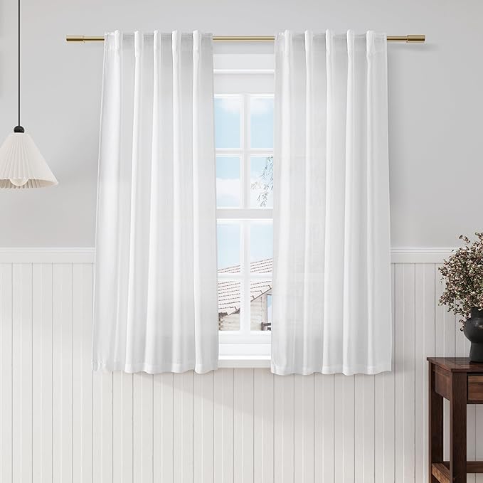 White Linen Curtains for Living Room 54 inch Length White Light Filtering Semi Sheer Curtains Panels Back Tab and Rod Pocket Modern Farmhouse Drapes Curtain for Bedroom, 2 Panels 34 x 54 Inch