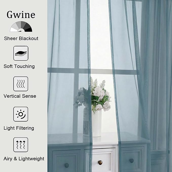 Gwine Sheer Curtains for Bedroom 54 inches Long - Light Filtering Voile Window Curtain Panels, Airy Transparent Rod Pocket Sheer Drapes for Living Room, Each 42Wx54L, 2 Panels, Dusty Blue