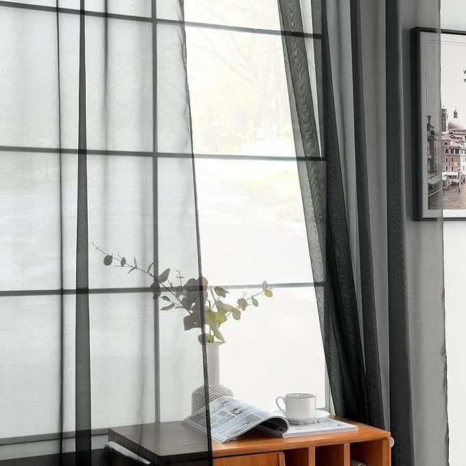 youleyar Solid Sheer Rod Pocket Curtain Voile Draperies 2 Panels White Beige Black Ivory Coffee 26 Inch Width 30 Inch Long 1 Pair for Kitchen Bedroom Children Living Room Yard(Black,26Wｘ30L)