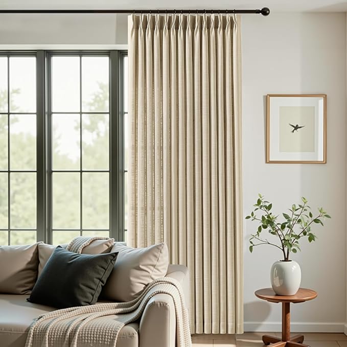 IVAPUPU Sheer Curtains 84 Inches Long for Living Room, Pinch Pleated Linen Blend Curtain Rustic Textured Light Filtering Back Tab Drapes with Hooks Rings for Bedroom Dining Room, Sand Beige, W40xL84