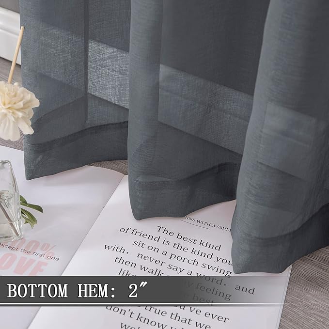 Tollpiz Short Sheer Curtain Linen Textured Living Room Curtains Sheer Light Filtering Rod Pocket Voile Curtain for Bedroom, 42 x 54 inches Long, Dark Grey, Set of 2 Panels