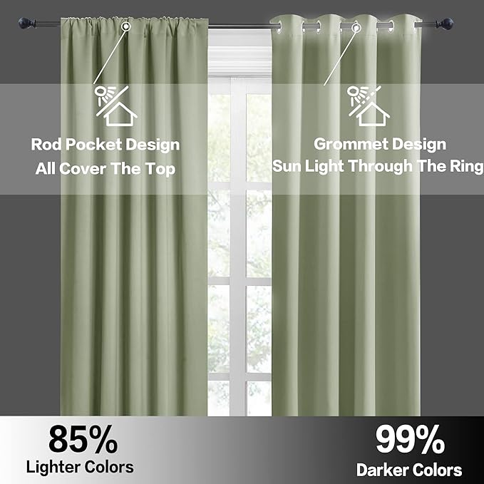 RYB HOME Blackout Curtains for Bedroom Living Room 72 inches Long, Thermal Insulated Privacy Rod Pocket Drapes for Nursery Office Home Theater, Width 42 by Length 72, Sage Green, 2 Panels