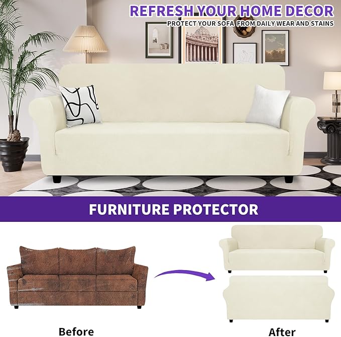 ZNSAYOTX Oversized Super Stretch Couch Cover (92"-115"), New Striped Sofa Covers Comfortable & Durable, Dog Cat Pets Friendly Extra Large Spandex Sofa Slipcovers (Beige, XL Sofa)