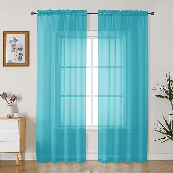 Gwine Turquoise Sheer Curtains 90 Inches Long 2 Panels Set, Light Filtering Solid Filmy Drapes for Living Room Bedroom, Elegant Soft Rod Pocket Voile Sheer Window Curtains, 42Wx90L Inch, 2PCS