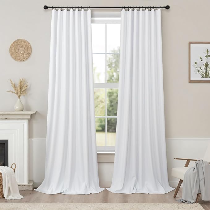 Short Small Window Room Darkening Curtains 58 Inches Long for Bedroom Basement Linen Cotton Textured Sunblock Heat Blocking Soundproof White Blackout Curtain Back Tab Pleated Drape 58 Length 2 Panels