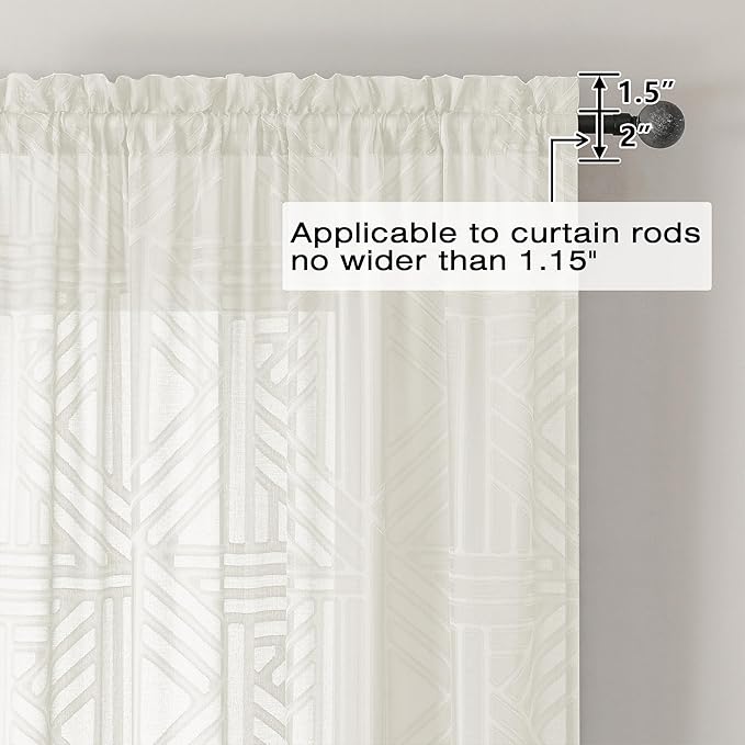 Simplebrand Ivory Semi Sheer Curtains 45 Inch Length 2 Panels, Geometric Jacquard Clip Textured Short Sheer Curtains for Bedroom，Modern Elegant Window Curtains Drapes/Treatment Sheer，42x45 inch