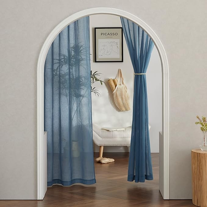 NICETOWN Linen Sheer Stone Blue Curtains 108 inch Long for Living Room, Grommet Semi Sheer Linen Blend Curtains & Drapes Privacy with Light Filtering for Nursery/Laundry, W52 x L108, 2 Panels