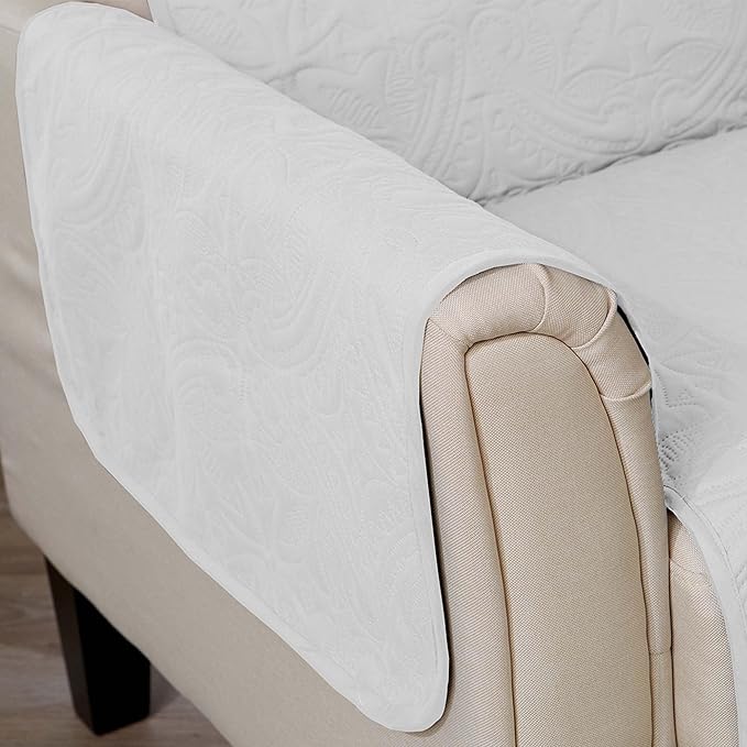 Great Bay Home Reversible Loveseat Cover - Washable Slipcover Furniture Protector with Elastic Straps - Perfect for Kids & Pets - Quilted & Stitched Detail (White/Sand)