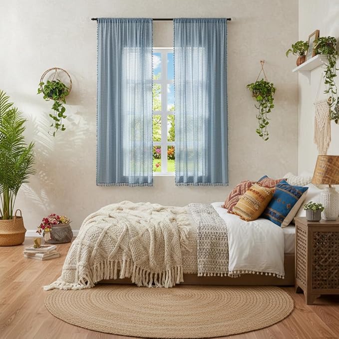 WAZZIO Boho Lace Curtains 63 Inches 2 Panel,Light Filtering Privacy Tassel & Geometry Crochet Semi Sheer Curtain Drapes for Bedroom Living Dining Room,Rod Pocket & Tassel,Light Slate Blue