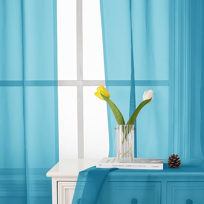 Lecloud Turquoise Sheer Curtains 63 Inch Length 2 Panels, Light Filtering Voile Airy Drapes for Bedroom Windows, Dual Rod Pocket Living Room Sheer Curtains, 40 W x 63 L Inches