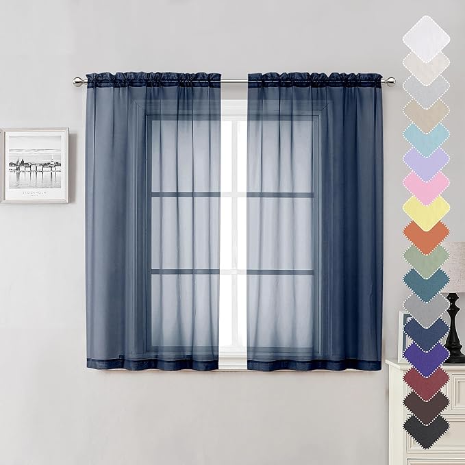 Lecloud Short Sheer Curtains 54 Inches Length 2 Panels, Light Filtering Voile Curtain Drapes for Half Window Kitchen Bedroom, Basic Rod Pocket Living Room Sheer Curtains, 40Wx54L Inches, Navy Blue