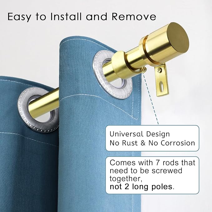 Byondeth Curtain Rods for Windows 16 to 120 Inches Adjustable Length 1 Inch Diameter Window Curtain Rod with Aluminium Finials, Gold