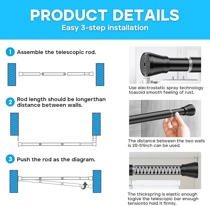 AIZESI Tension Curtain Rod 28 to 48 Inch, 2pcs Black Tension Rod Adjustable Curtain Rod Curtain Tension Rod Spring Tension Curtain Rod No Drill Spring Curtain Rod Small Shower Rod