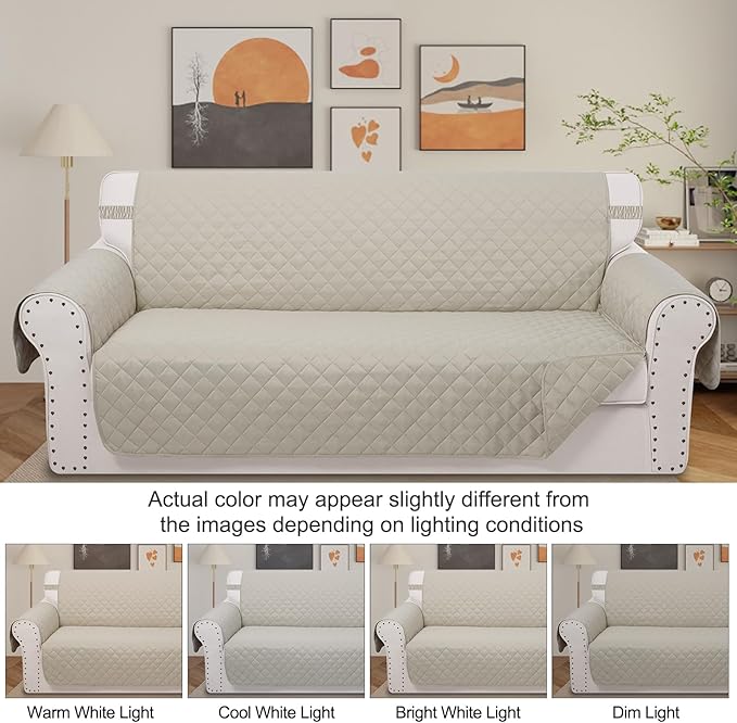 Reversible Couch Cover for 3 Cushion Couch for Pet Friednly Sofa Cover for Dogs Water Resistant Furniture Protector Washable with Elastic Straps(Sofa,Beige/Beige)