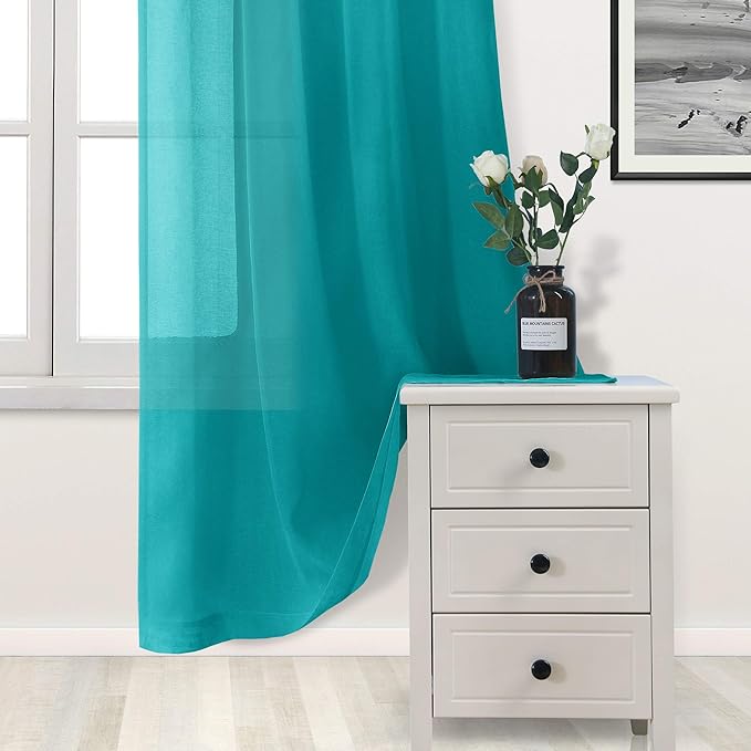 DWCN Turquoise Sheer Curtains Semi Transparent Voile Rod Pocket Curtains for Bedroom and Living Room, 52 x 54 inches Long, Set of 2 Panels