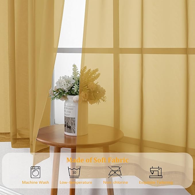 Gwine Gold Sheer Curtains 72 Inches Long 2 Panels Set for Front Door, Light Filtering Sheer Curtains for Living Room, Rod Pocket Window Treatments Drapes, Each 42" Wx72 L