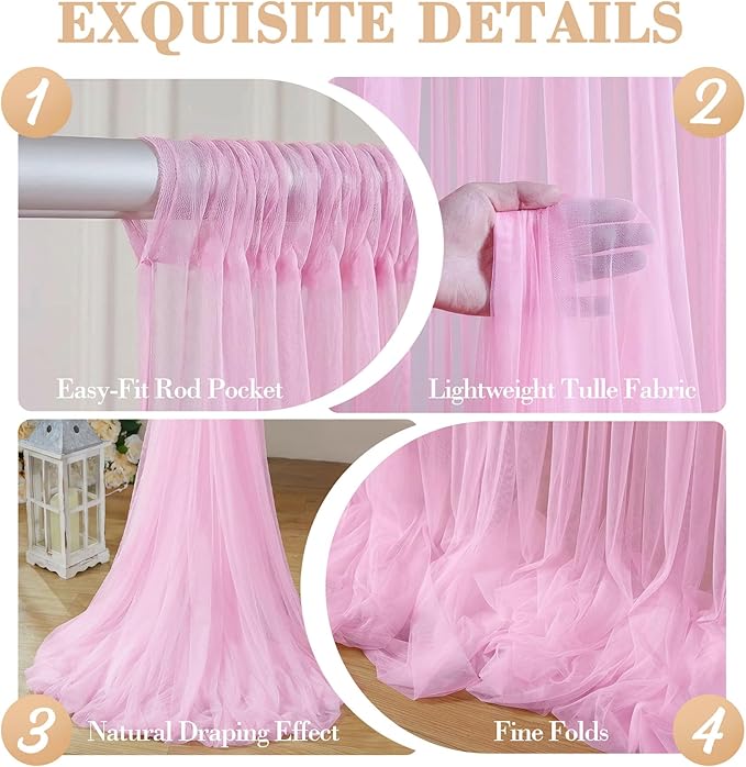 20ft x 15ft Pink Tulle Backdrop Curtain for Baby Shower Party Sheer Fabric Backdrop Curtains for Girls Birthday Gender Reveal Back Drop Wedding Photo Backdrop Drapes Background 4 Panels 5ft x 15ft