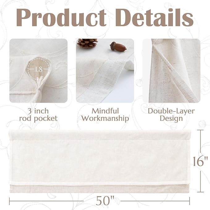 jinchan Linen Valance for Window Embroidered Farmhouse Light Filtering Voile Valance for Living Room Kitchen Beige Cottage Rustic Double Layer Curtain 16 Inch 1 Panel Crude