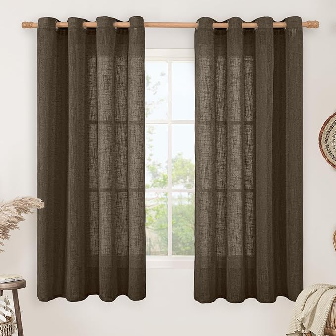 LAMIT Brown Linen Curtains 63 Inch Length for Bedroom, Chocolate Semi Sheer Window Drapes Light Filtering Bronze Grommet Panels for Living Room/Farmhouse, 2 Panels, Dark Brown, 52 x 63 Inch
