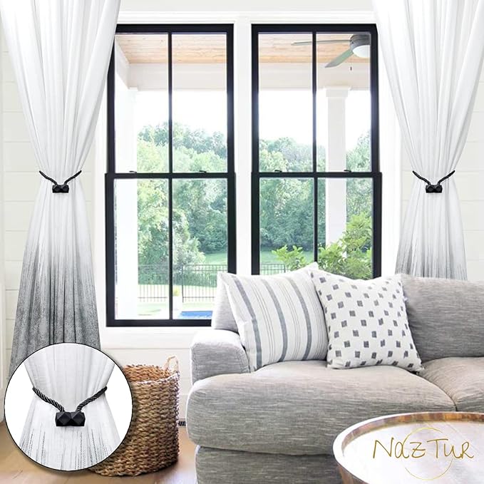 NazTur Magnetic Curtain Tiebacks- Upgrade 2022 with a Thicker Twist Rope & Strong Magnet Tieback Window Treatment Holdbacks Draperies Holders Decorative Drape Handmade Tie Back (Black, 2)