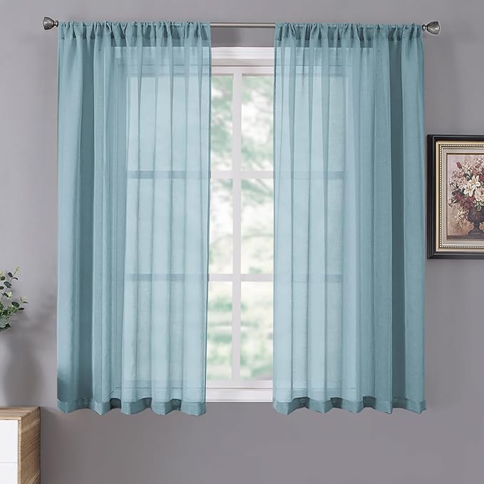 Tollpiz Short Sheer Curtain Linen Textured Living Room Curtains Sheer Light Filtering Rod Pocket Voile Curtain for Bedroom, 42 x 54 inches Long, Dusty Blue, Set of 2 Panels