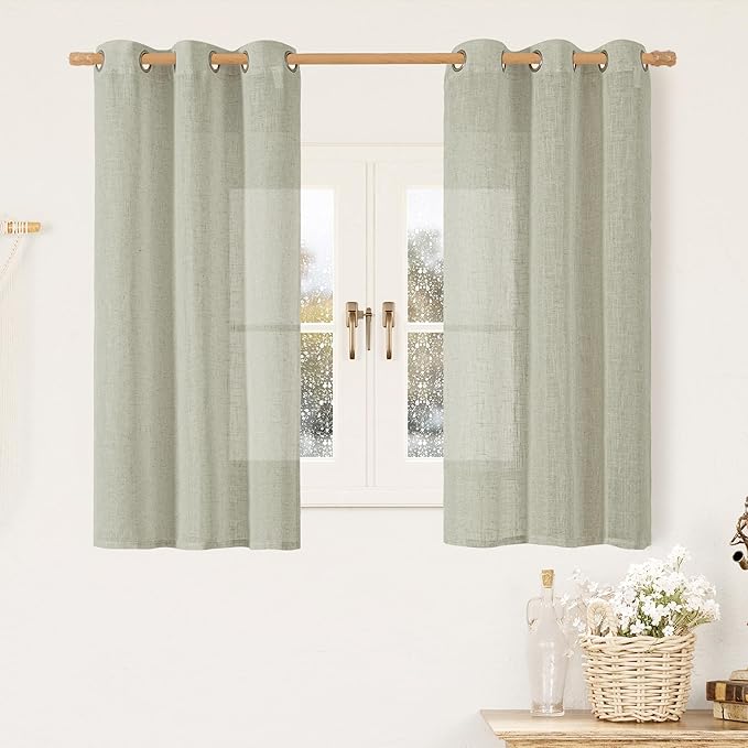 LAMIT 45 Inch Length Linen Curtains for Small Windows, Bronze Grommet Linen Textured Drapes Light Filtering Privacy Panels for Bedroom/Living Room, Sage Grey, 2 Panels Set, 34 x 45 Inch
