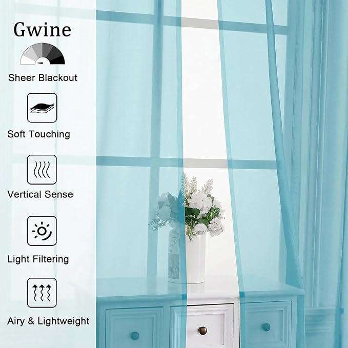 Gwine Sheer Curtains for Bedroom 54 inches Long - Light Filtering Voile Window Curtain Panels, Airy Transparent Rod Pocket Sheer Drapes for Living Room, Each 42Wx54L, 2 Panels, Aqua