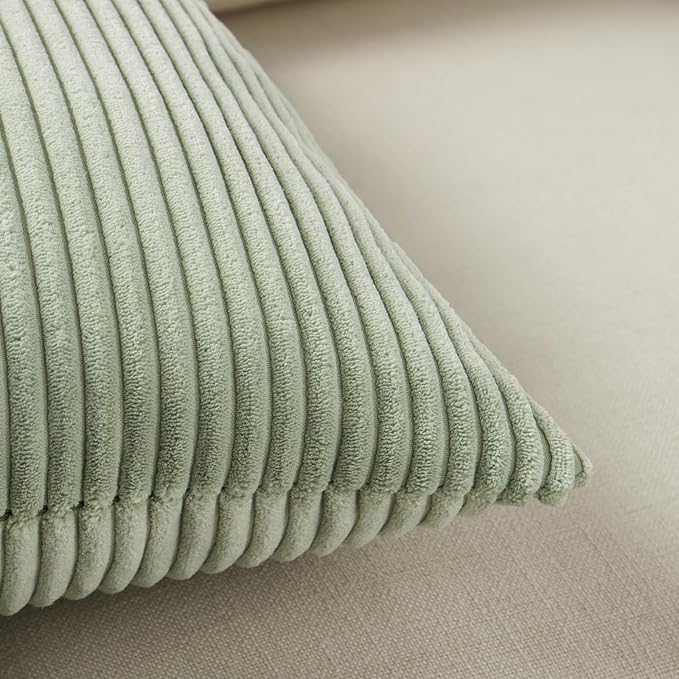 Fancy Homi 2 Packs Sage Green Lumbar Decorative Throw Pillow Covers 16x32 Inch for Living Room Couch Bed, Rustic Farmhouse Boho Home Decor, Soft Striped Corduroy Rectangle Accent Cushion Case 40x80 cm