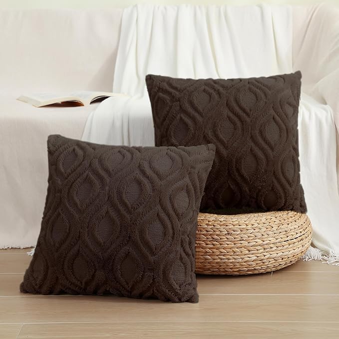decorUhome Throw Pillow Covers 26x26 Inch Set of 2, Soft Plush Faux Wool Dark Brown Solid Couch Pillow Covers, Accent Euro Sham Farmhouse Neutral Square Pillow Cases for Sofa Bed Living Room