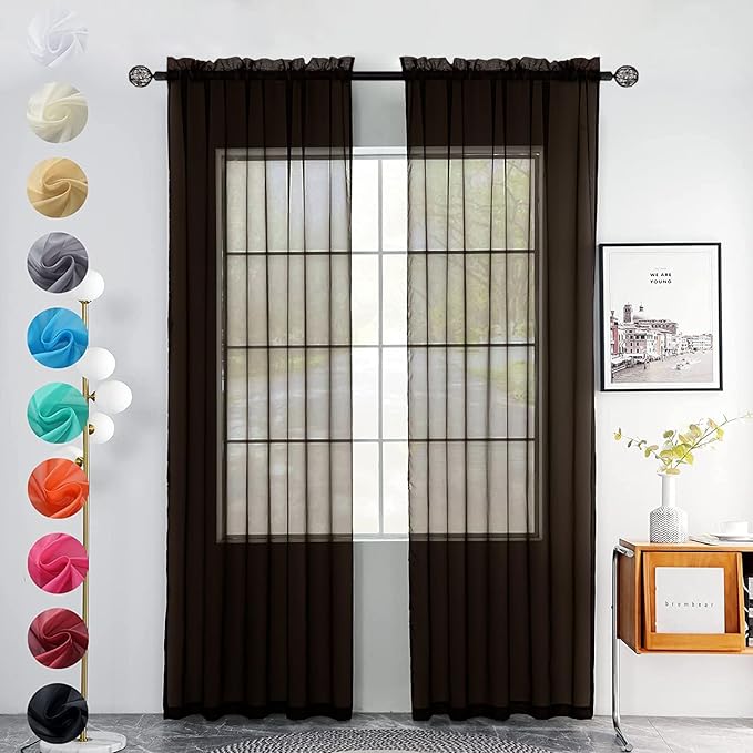 youleyar Solid Sheer Rod Pocket Curtain Voile Draperies 2 Panels White Beige Black Grey Coffee 52 Inch Width 63 Inch Long 1 Pair for Kitchen Bedroom Children Living Room Yard(Coffee,52Wｘ63L)