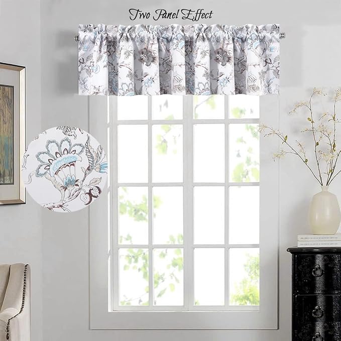 H.VERSAILTEX Blackout Curtain Valances for Kitchen Window/Living Room/Bathroom Privacy Added Rod Pocket Home Decoration Winow Valance, 52" W x 18" L, Floral in Brown and Soft Teal