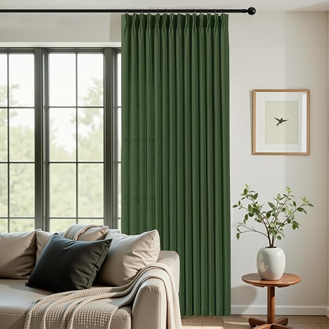 IVAPUPU Pinch Pleated Curtains 90 Inch Length 2 Panels for Living Room, Light Filtering Linen Blend Semi Sheer Pleated Curtain with Rings Modern Back Tab Drapes for Bedroom Office, 40x90, Olive Green