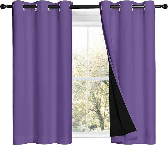 NICETOWN Lilac Purple 100% Blackout Curtains 45 inches Long, Thermal Insulated Full Blackout 2-Layer Lined Curtains, Energy Efficiency Window Draperies for Dining Room (2 Panels, 42-inch W)