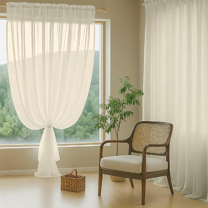 Cream Sheer Curtains for Window 96 Inches Long 2 Panels Set, Soft Airy Light Filtering Voile Sheer Curtains for Living Room Bedroom, Dual Rod Pocket Elegant Window Drapes, 2x42Wx96L Inches