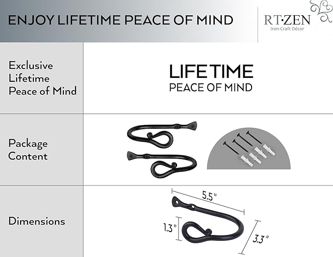 RTZEN Decorative Metal Curtain Tiebacks - Farmhouse Wrought Iron Curtain Holdbacks - Drapery Holders for Wall - Unique Metal Tie Backs for Curtains - 2 Pcs (Black Loophole)
